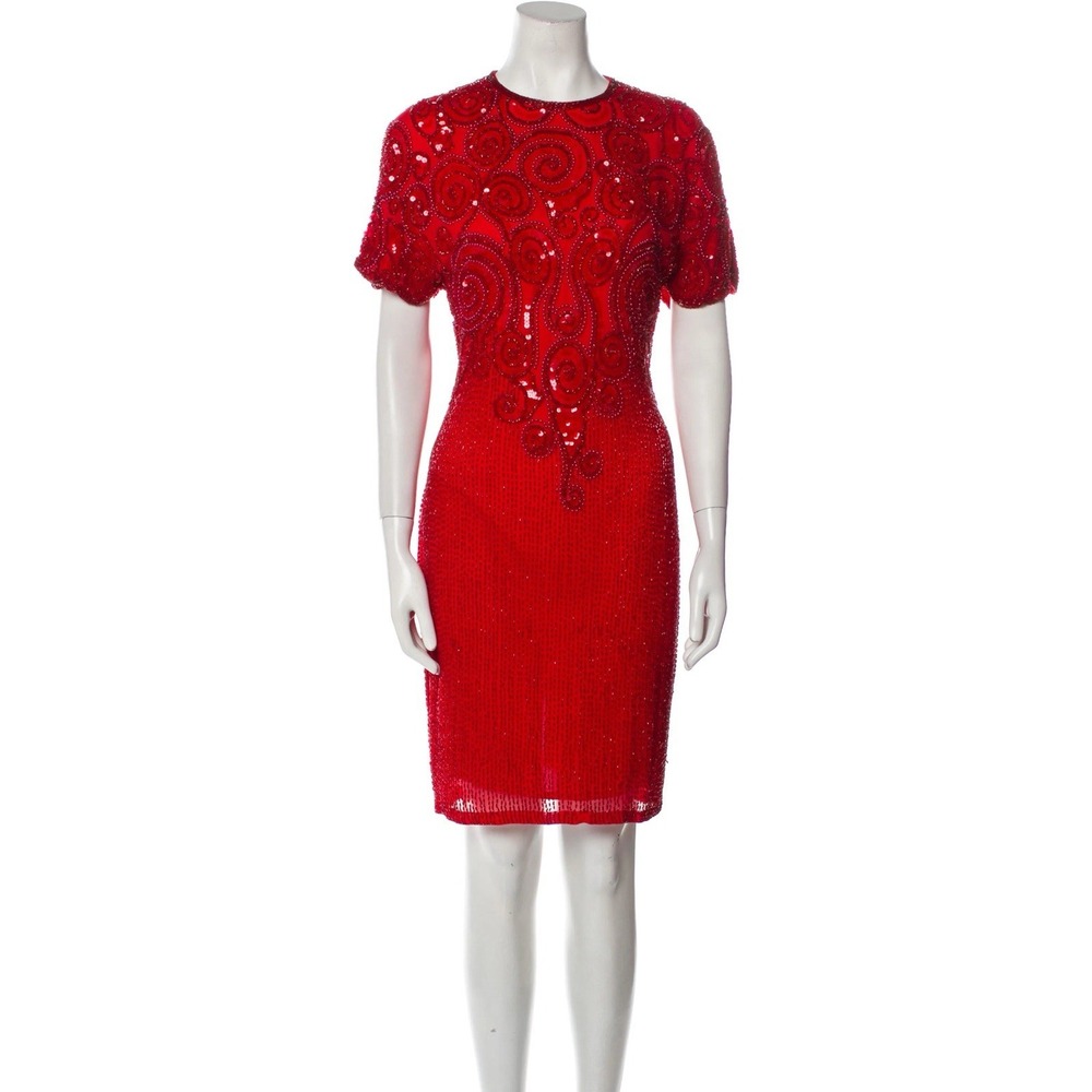 VTG Oleg Cassini Silk Red Beaded Sheath Dress Size‎ 4 Classy Elegant